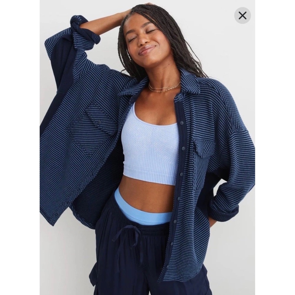 Aerie Oversized Waffle Knit Button Down Shirt Navy Blue Striped Shacket XL
